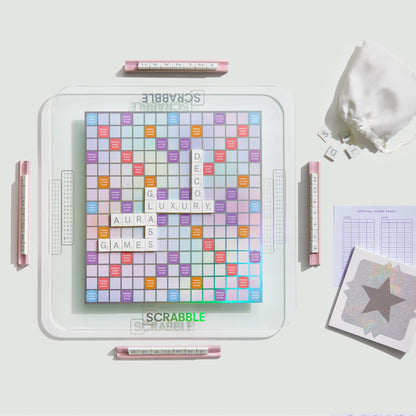 Scrabble Aura Edition – Top-down View on White Background