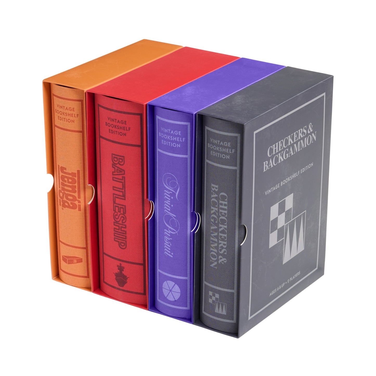 Vintage Bookshelf Games – 4 Pack – Jenga, Battleship, Trivial Pursuit, Checkers & Backgammon