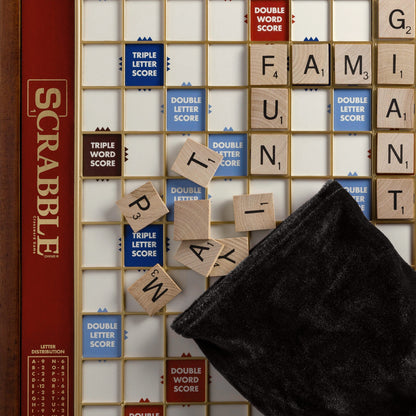 Scrabble Giant Deluxe Edition – Close-up of tiles, tile bag, raised letter grid.